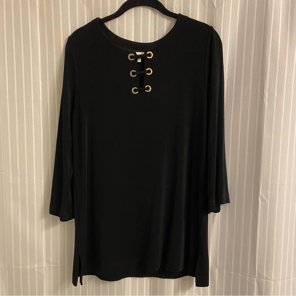 Chico’s Travelers Tunic Top Size 1 / Medium Black with Gold Details